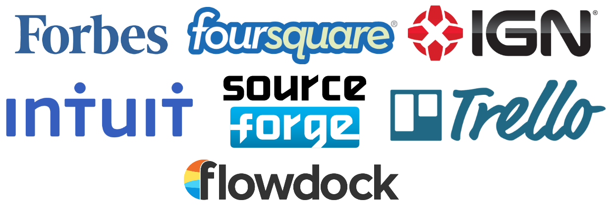 Logos of Foursquare, Forbes, Flowdock, IGN, Intuit, Sourceforge, and Trello